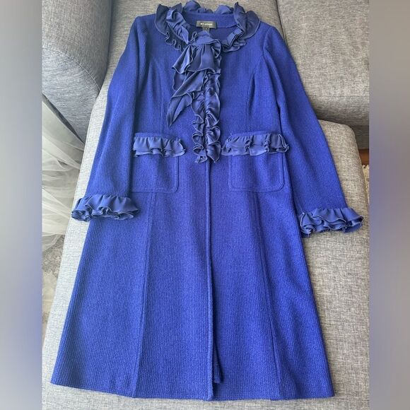 St.John 2-piece Suite Sapphire Blue Wool Blend Knit Duster,Silk Ruffle and Pants - Picture 16 of 16